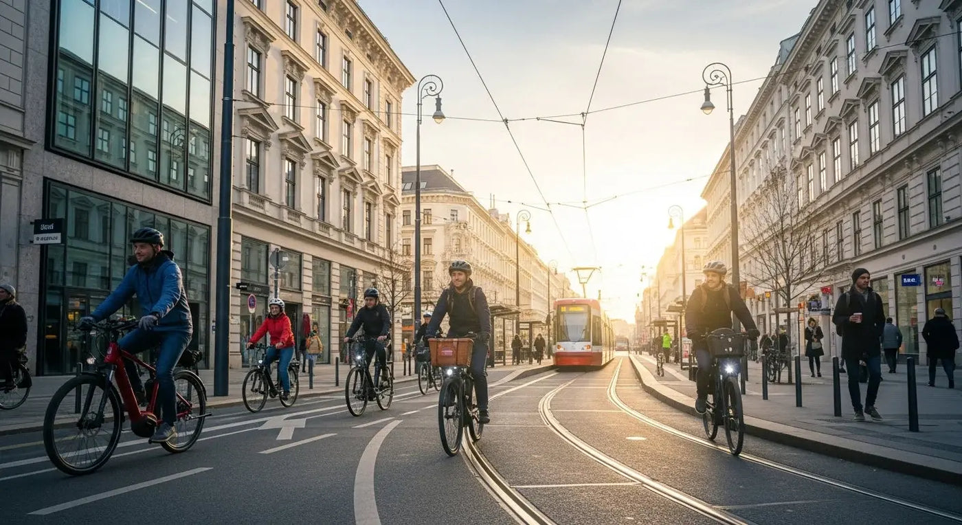 E Bike Pendler in Wien auf einer modernen Stadtstraße bei Sonnenaufgang – nachhaltige urbane Mobilität in Österreich