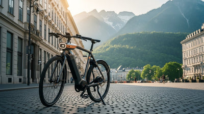 Ein modernes E-Bike auf einer Straße in Österreich vor einer Alpenkulisse.