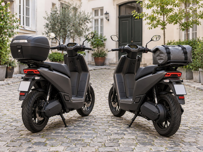 E-Moped mit Topcase am Heck auf einer Wiener Straße