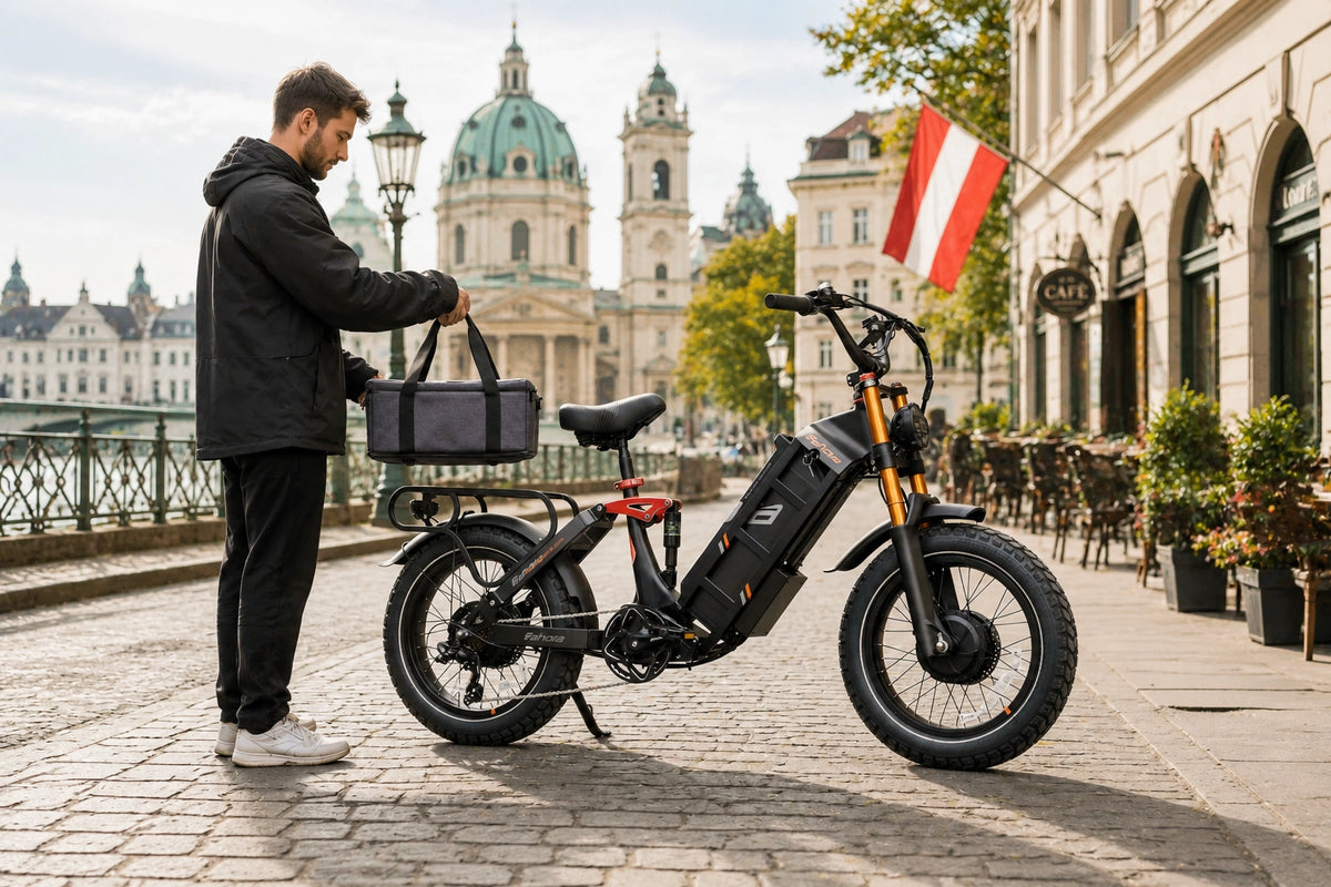 Kurier holt sein neues E-Bike bei Fadu Bike in 1040 Wien ab